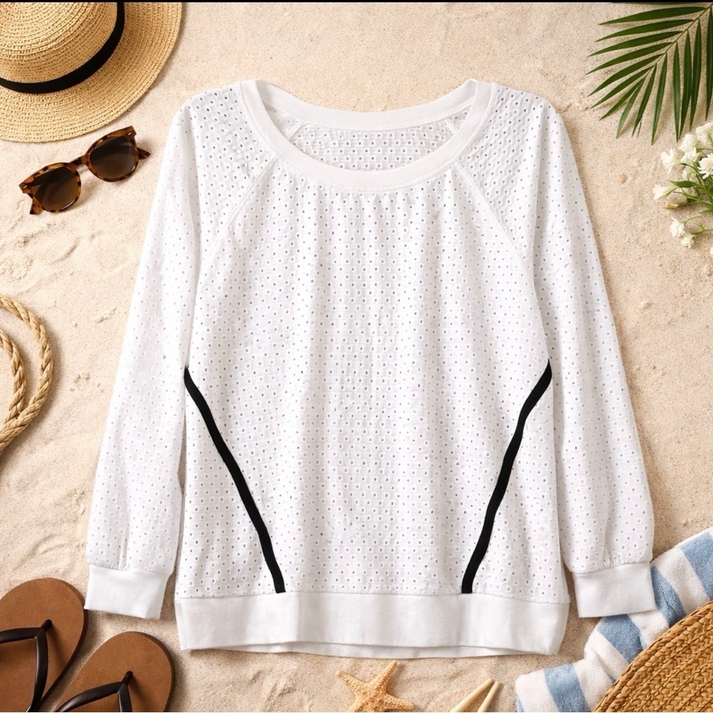 Z by ZELLA Womens Long Sleeve Pull Over Scoop Neck White Eyelet Swim Coverup L